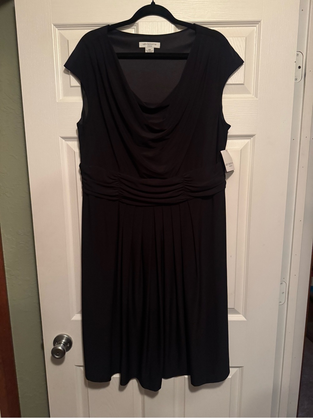 NWT Liz Claiborne Sz 18W Black Draped Neck Cascade Waist Midi Dress